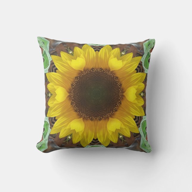 Single Sunflower with Mint Leaves Throw Pillow (Front)