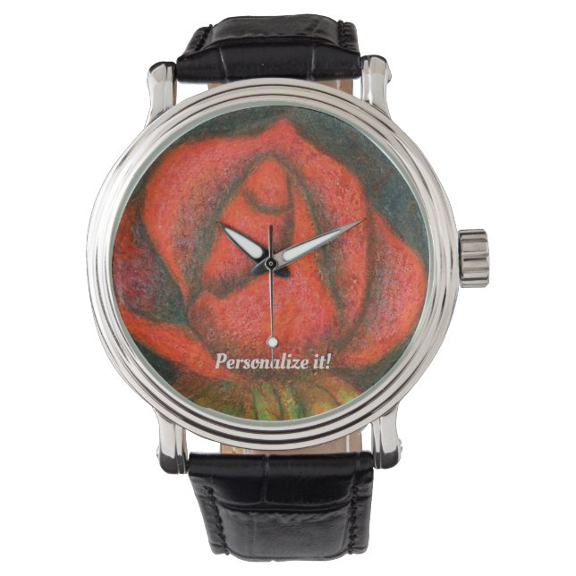 Single vivid red rose bud in close up watch (Front)