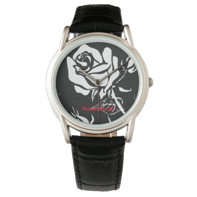 Single vivid white rose from a woodcut print watch (Front)