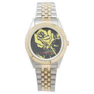 Single vivid yellow rose from a woodcut print watch