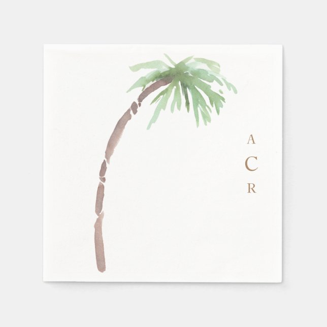 Single Watercolor Palm Gold Monogram Cocktail Napkins (Front)