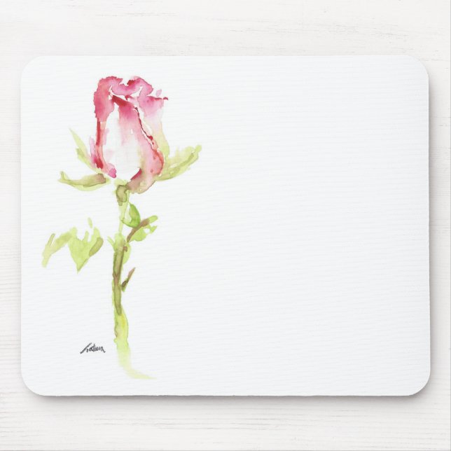 Single Watercolor Pink Red Rose Handpainted Mouse Pad (Front)