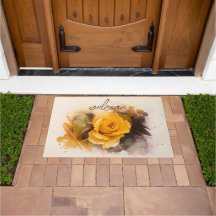 Single Watercolor Yellow Rose Door Mat