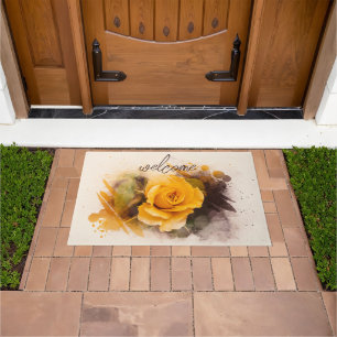 Single Watercolor Yellow Rose Door Mat