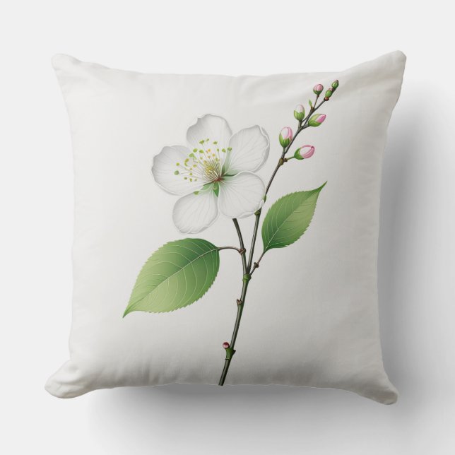 Single White Cherry Blossom Throw Pillow (Front)