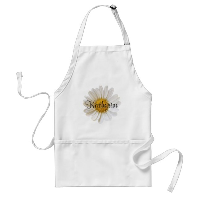 Single White Daisy Flower Your Name Floral Adult Apron (Front)