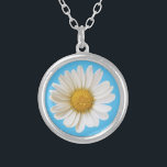 Single White Daisy on Sky Blue Silver Plated Necklace<br><div class="desc">A close-up photo of a beautiful white daisy.</div>