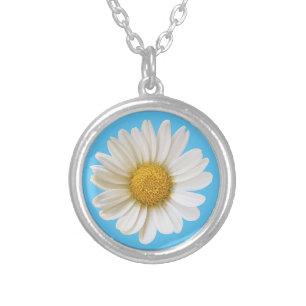 Single White Daisy on Sky Blue Silver Plated Necklace