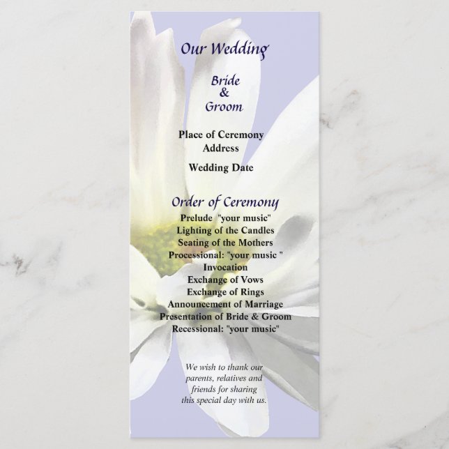 Single White Daisy Wedding Program (Front)