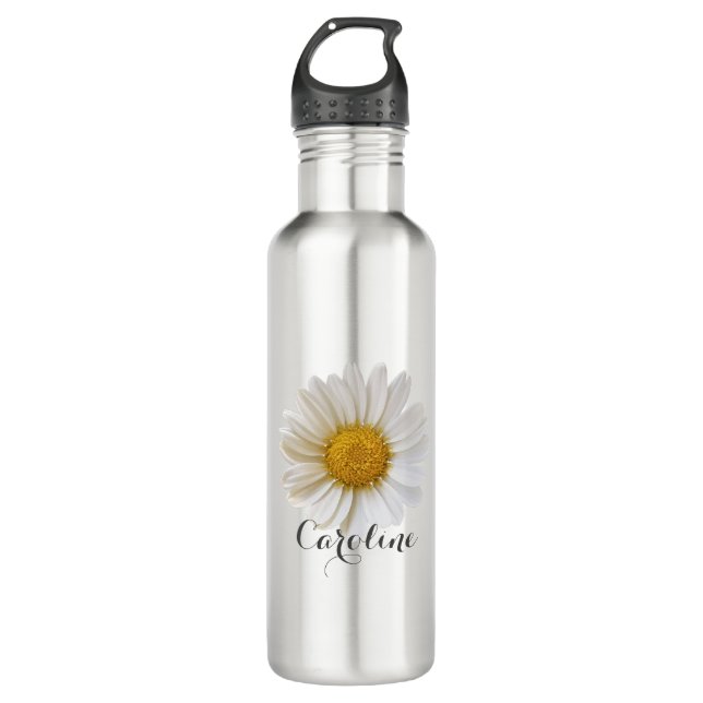 Single White Daisy with Custom Name Stainless Steel Water Bottle (Front)