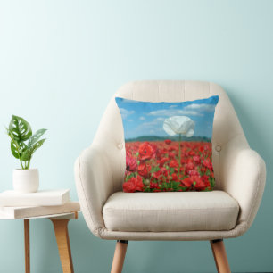 Single White Poppy in a Red Poppy Field Throw Pillow