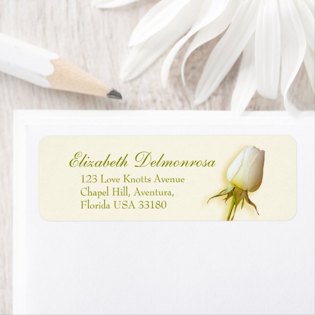 Single white rose bud wedding reply address label (Insitu)