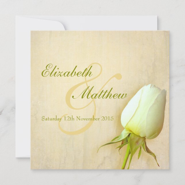 Single white rose bud wedding square invitation (Front)