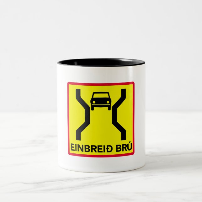 Single-Width Bridge, Traffic Sign, Iceland Two-Tone Coffee Mug (Center)