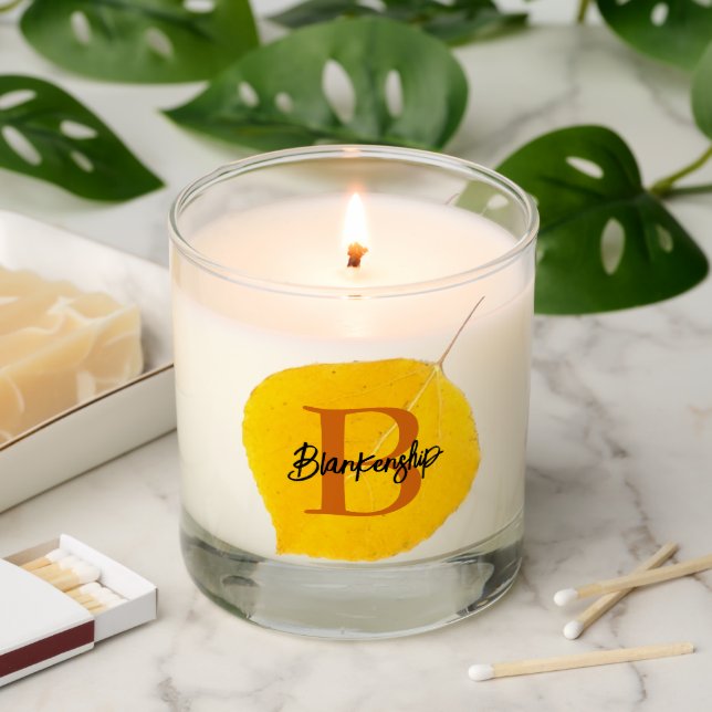 Single Yellow Aspen Leaf Custom Monogram Scented Candle (Lit)