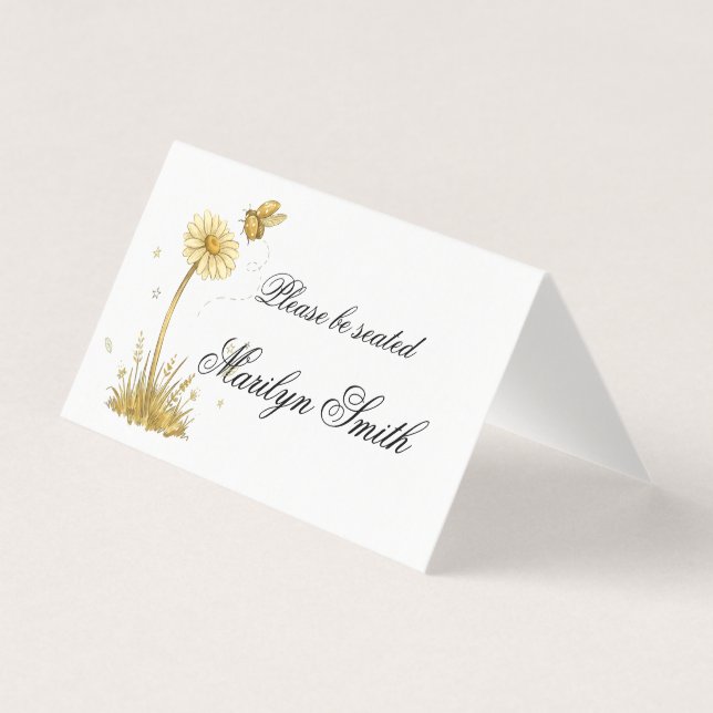 Single Yellow Daisy Bee Wedding Name Place Card  (Front)