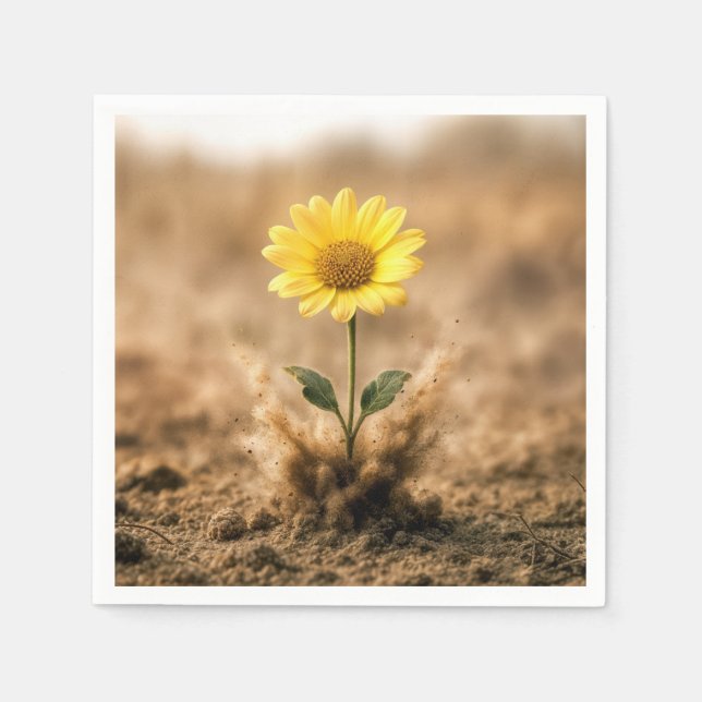 Single Yellow Daisy Bursting Out of Dirt Napkins (Front)