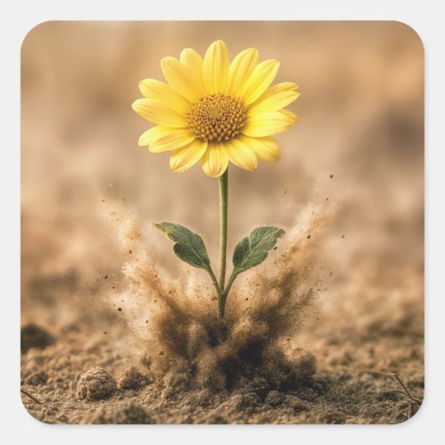 Single Yellow Daisy Bursting Out of Dirt Square Sticker (Front)