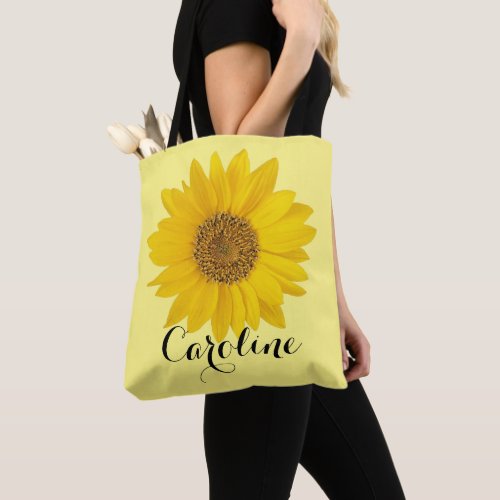 Single Yellow Sunflower Custom Name Tote Bag