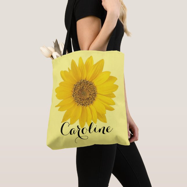 Single Yellow Sunflower Custom Name Tote Bag (Close Up)
