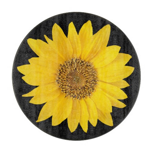 Single Yellow Sunflower on Black Floral Cutting Board