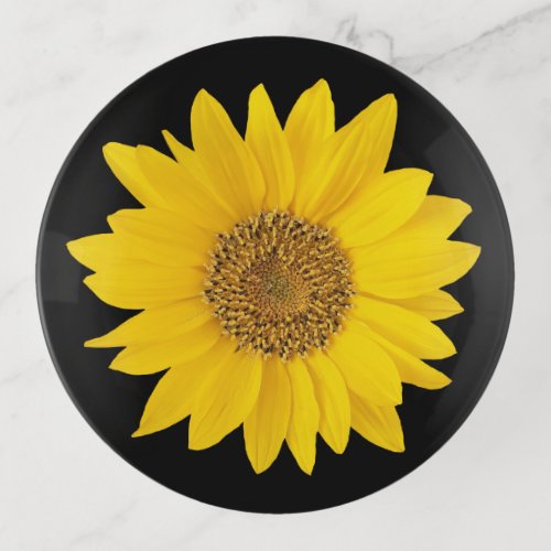 Single Yellow Sunflower on Black Floral Trinket Tray