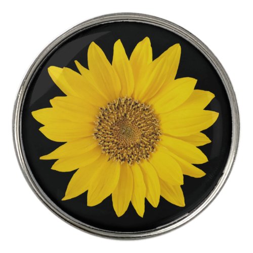 Single Yellow Sunflower on Black Golf Ball Marker