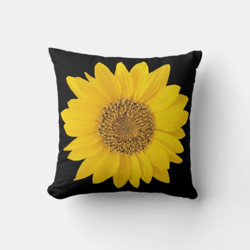 Single Yellow Sunflower on Black Throw Pillow