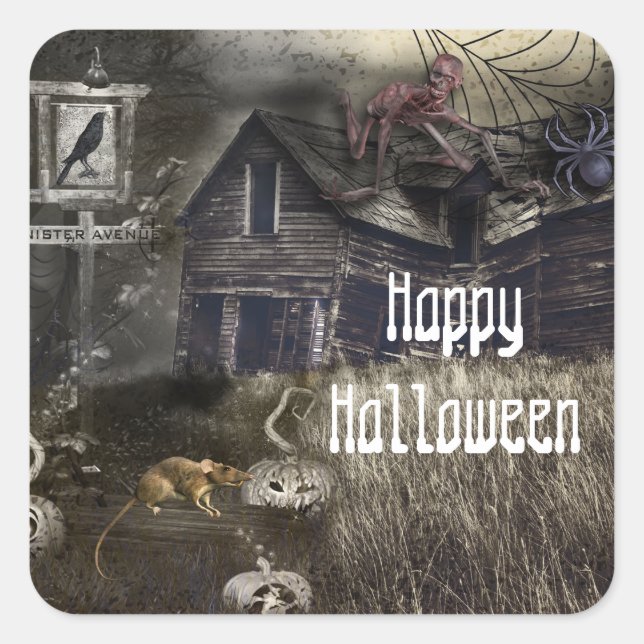 Sinister Avenue Scary Halloween Party Favor Square Sticker (Front)