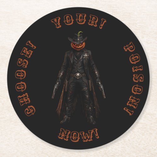 Sinister Pumpkin Sheriff Cowboy Jack-o'-Lantern Gr Round Paper Coaster