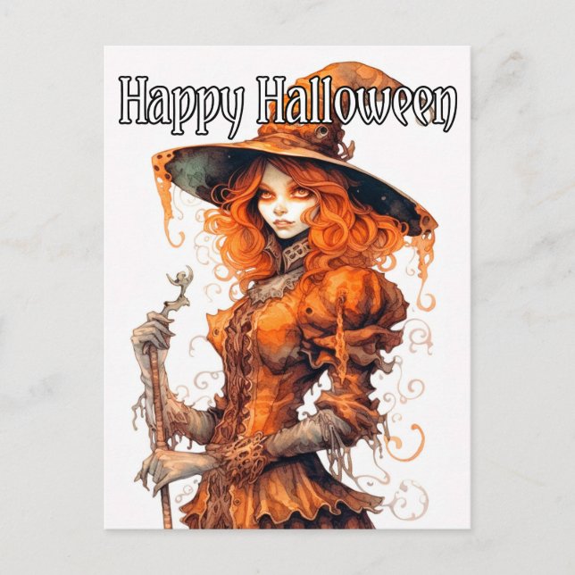 Sinister Salem Witch Illustration Happy Halloween Postcard (Front)