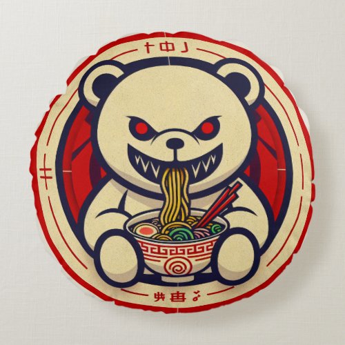 Sinister White Bear Eating Ramen Japanese art Round Pillow