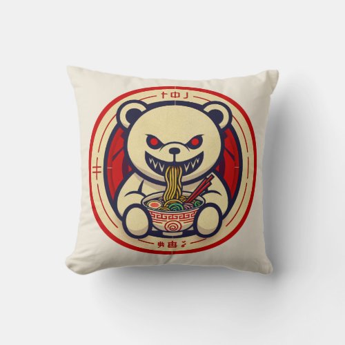 Sinister White Bear Eating Ramen Japanese art Throw Pillow