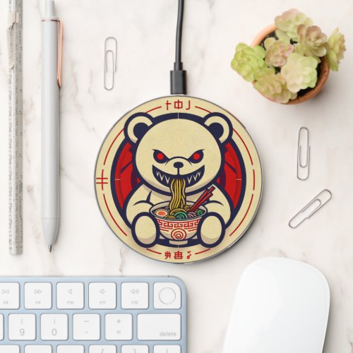 Sinister White Bear Eating Ramen Japanese art Wireless Charger