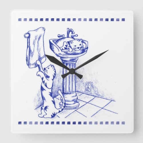 Sink and Towel Kitty Cat Bathroom Toile Look Square Wall Clock