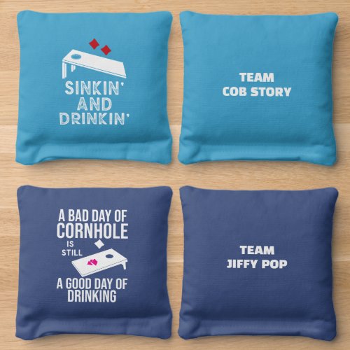 Sinkin and Drinkin personalized team names on back Cornhole Bags