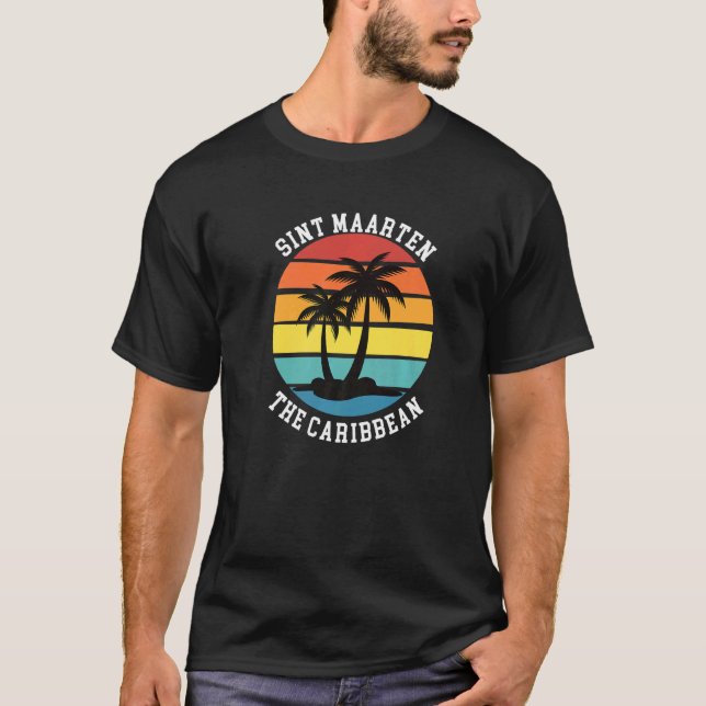 Sint Maarten The Caribbean Retro Sunset Palm Trees T-Shirt (Front)