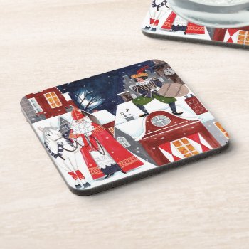 Sinterklaas And Piet On The Roofs Of Amsterdam Beverage Coaster by CartitaDesign at Zazzle