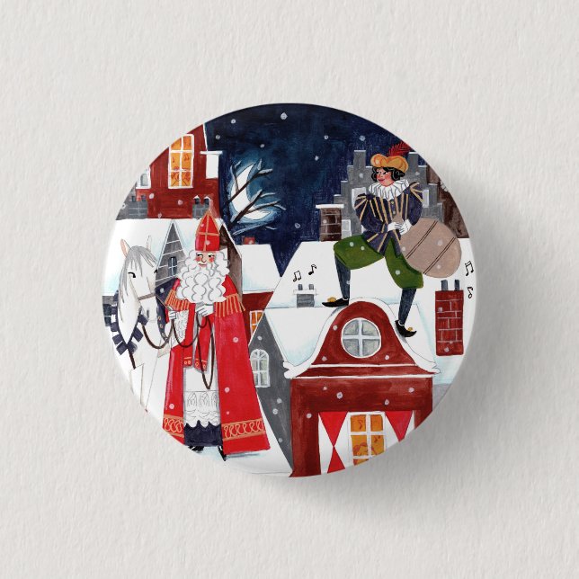 Sinterklaas and Piet on the roofs of Amsterdam Button (Front)