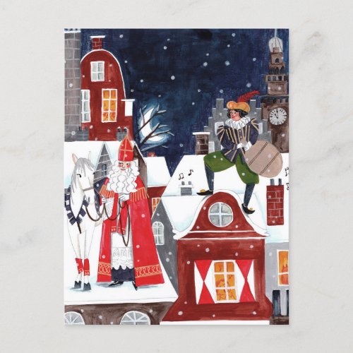 Sinterklaas and Piet on the roofs of Amsterdam Holiday Postcard