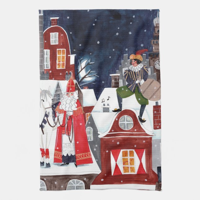 Sinterklaas and Piet on the roofs of Amsterdam Pos Kitchen Towel (Vertical)