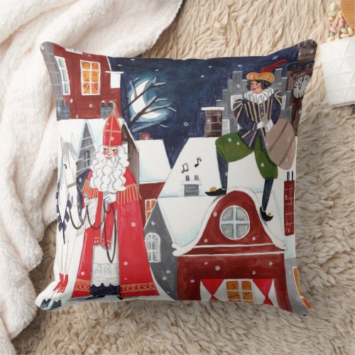 Sinterklaas and Piet on the roofs of Amsterdam  Throw Pillow