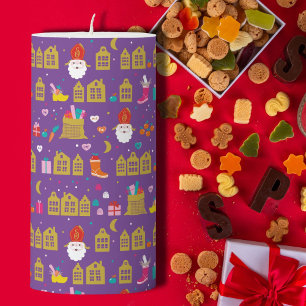 Sinterklaas met huisjes, kadootjes en laars paars pillar candle