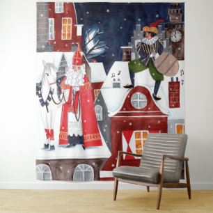 Sinterklaas Night Village Dutch Holiday Wall Tapestry