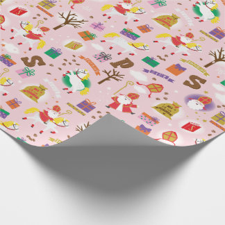 Sinterklaas with white horse, gifts and chocolate wrapping paper