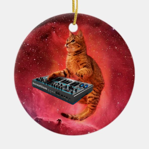 Sinthesizer cat in red space ceramic ornament