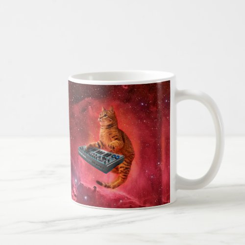 Sinthesizer cat in red space coffee mug