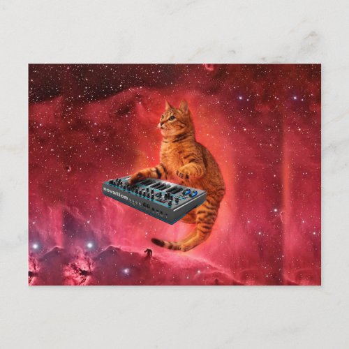 Sinthesizer cat in red space postcard
