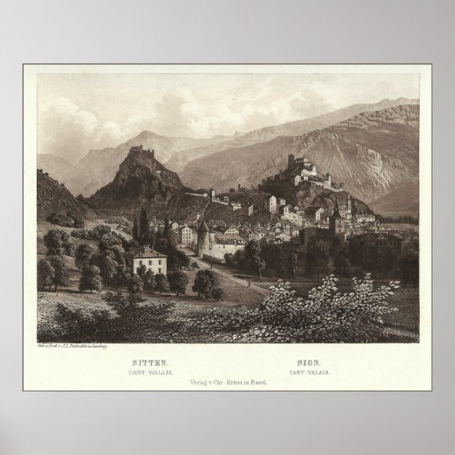 Sion in Switzerland from Antique Print (Front)