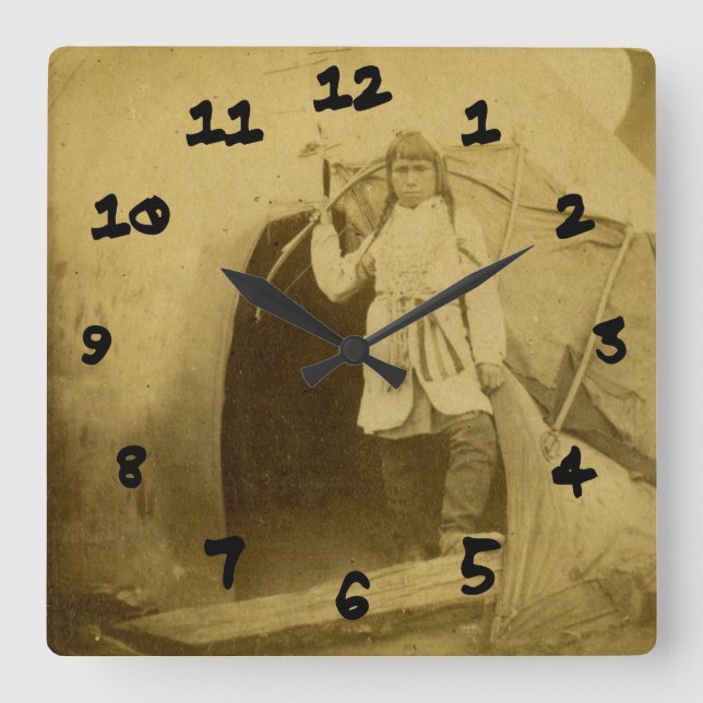 Sioux Hunter with Bow by Tee Pee Square Wall Clock (Front)